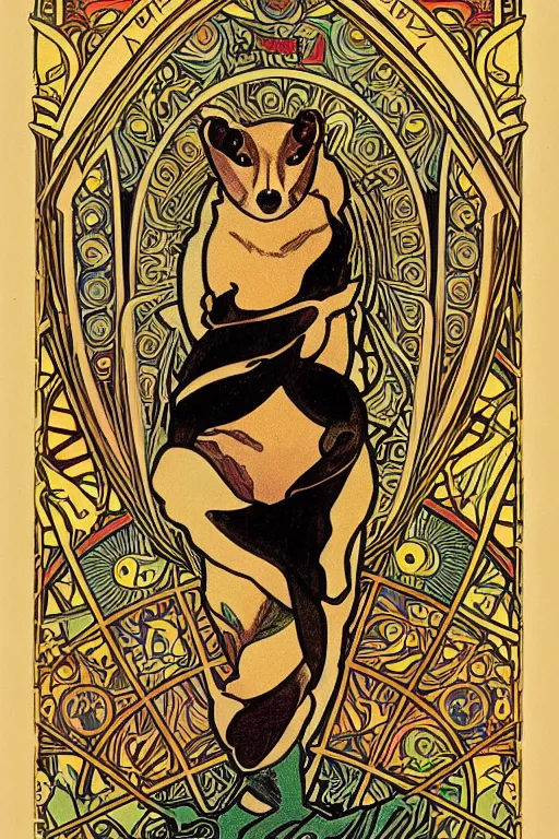 Prompt: Tarot card illustration of The Stoat, illustration by Alphonse Mucha, art nouveau style, elaborate details, 4k