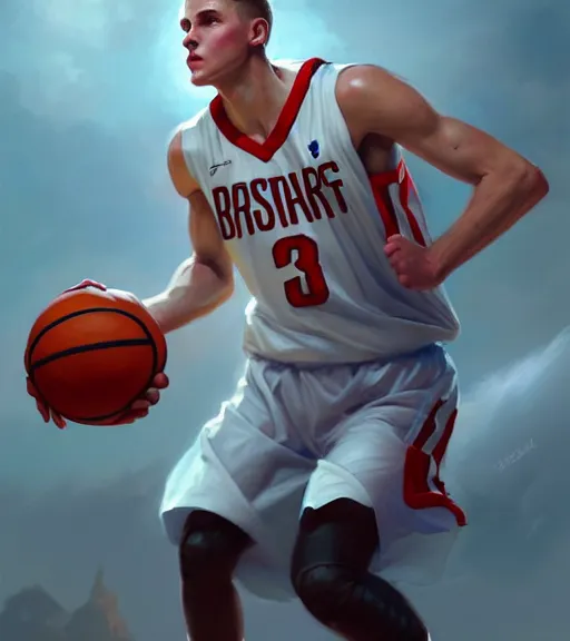 Prompt: portrait of a white boy playing basketball wearing a basketball uniform, intricate, elegant, highly detailed, centered, digital painting, artstation, concept art, smooth, sharp focus, illustration, by Peter Mohrbacher, WLOP