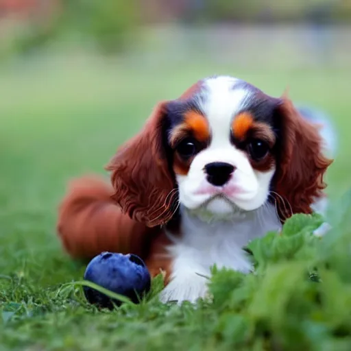 Image similar to a cavalier King Charles puppy with a blueberry on its nose