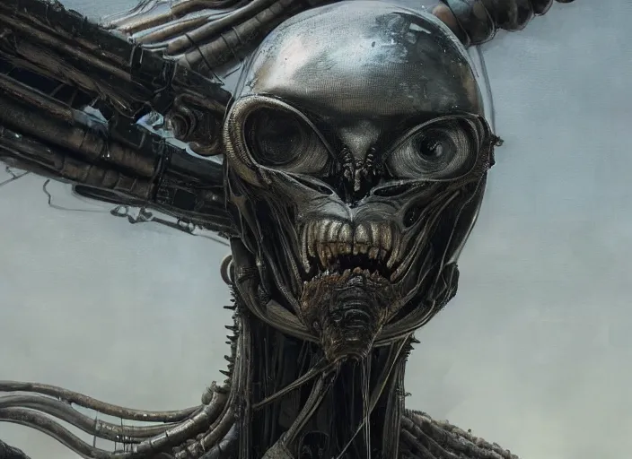 Image similar to close up cinematic artwork of an alien by hr giger staring down the enemy on the battlefield by Greg Rutkowski, 4k, masterpiece