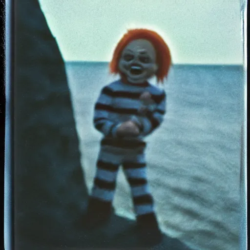 Image similar to screaming chucky doll at bottom of dark ocean expired film polaroid