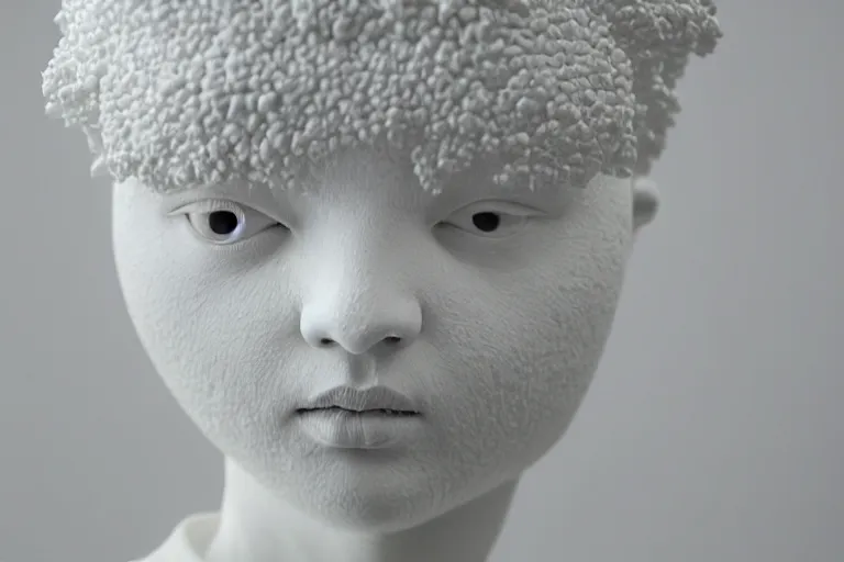 Image similar to full head and shoulders, beautiful female porcelain sculpture by daniel arsham and james jean, smooth, all white features on a white background, delicate facial features, white eyes, white lashes, detailed white, lots of 3 d giant twisting flower hair