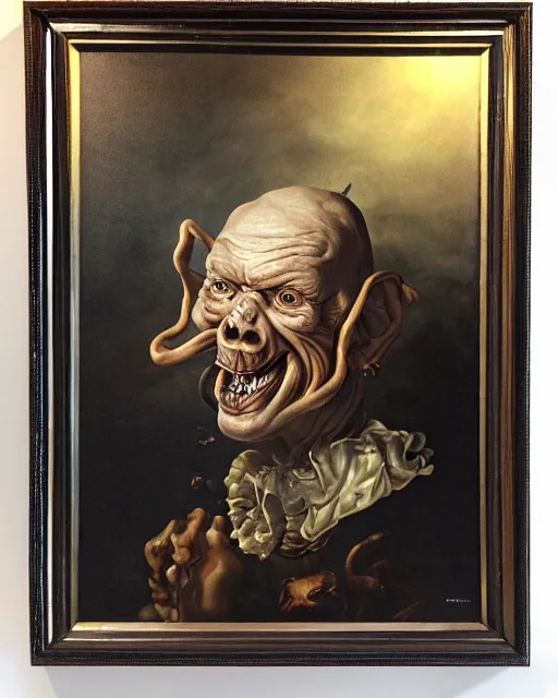 Prompt: refined gorgeous blended oil painting with black background by christian rex van minnen rachel ruysch dali todd schorr of a chiaroscuro portrait of an extremely bizarre disturbing old wrinkled man with shiny alien skin dutch golden age vanitas intense chiaroscuro cast shadows obscuring features dramatic lighting perfect composition masterpiece