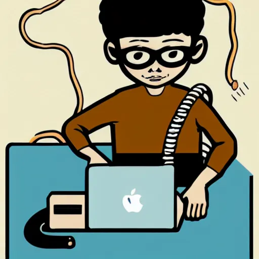 Prompt: illustration of a boy connected to his laptop with wires, highly detailed, by butcher billy, mcbess, rutkowski