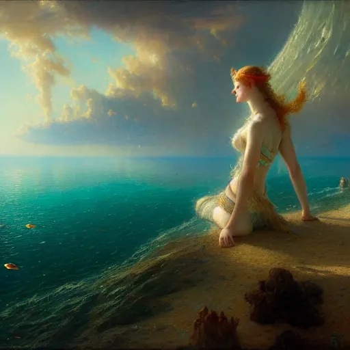 Image similar to point of view, you are deep in the ocean looking up, you see fishes, flora and fauna, higher you see the splendorous milk way illuminating the sea. highly detailed painting by gaston bussiere, greg rutkowski 8 k