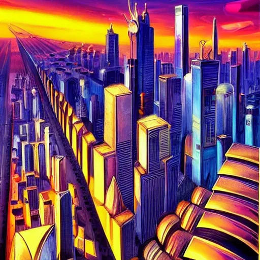 Image similar to futuristic art deco city, realistic style, bold colors, at golden hour