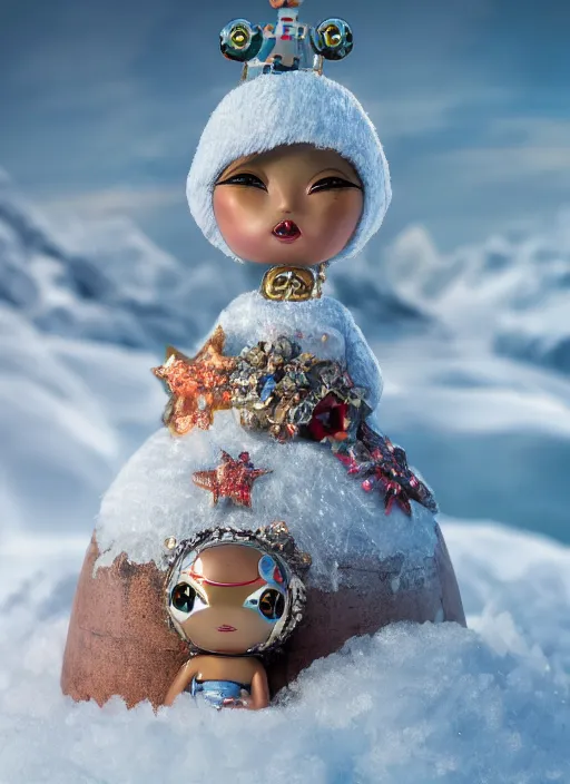 Image similar to closeup profile portrait of tin toy eskimo igloo bikini girl, depth of field, zeiss lens, detailed, symmetrical, centered, fashion photoshoot, by nicoletta ceccoli, mark ryden, lostfish, breathtaking, 8 k resolution, extremely detailed, beautiful, establishing shot, artistic, hyperrealistic, octane render