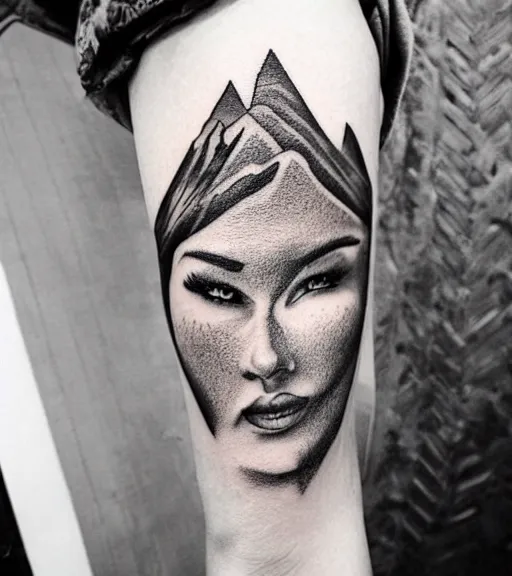 Image similar to amazing blend effect of beautiful mountain scenery with a beautiful woman face, tattoo design sketch, hyper - realistic, in the style of matteo pasqualin, amazing detail, black and white