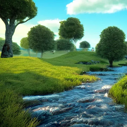 Image similar to A beautiful, serene landscape of a rolling green hill and a river running through it, with a few sheep grazing in the distance, rendered in unreal engine 4, with a 4k resolution and a beautiful bloom effect.