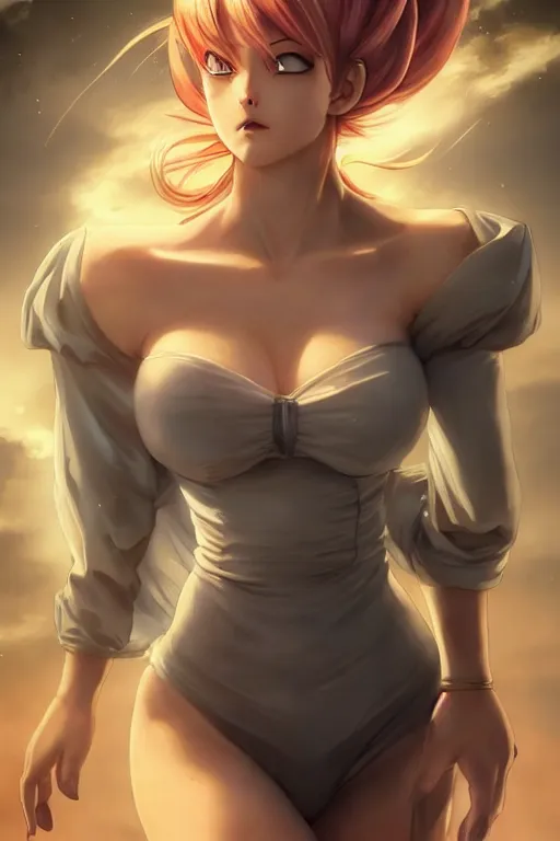 Image similar to seductive looking bulma!!! dragon ball, windy hair!, surreal dark fantasy, cinematic volumetric lights, full body portrait, dnd, intricate, elegant, highly detailed, digital painting, artstation, concept art, smooth, sharp focus, illustration, art by artgerm and tom bagshaw and greg rutkowski and alphonse mucha
