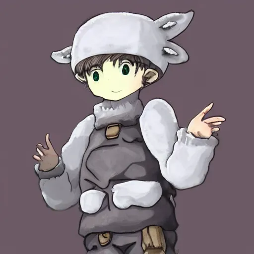 Prompt: boy wearing sheep suit. white, gray, blue, green and brown pallet color. made in abyss art style