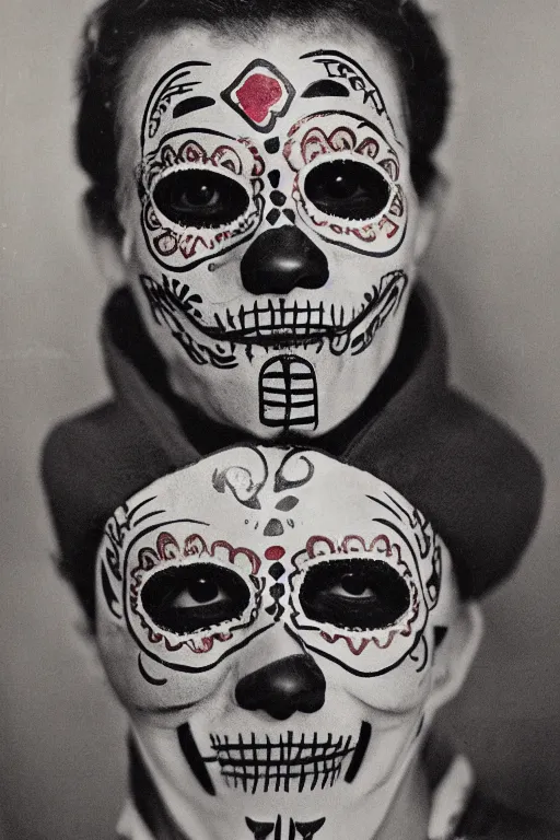 Image similar to vintage 35mm photo portrait of a man wearing a traditional day of the dead masks in the style of Jason Edmiston