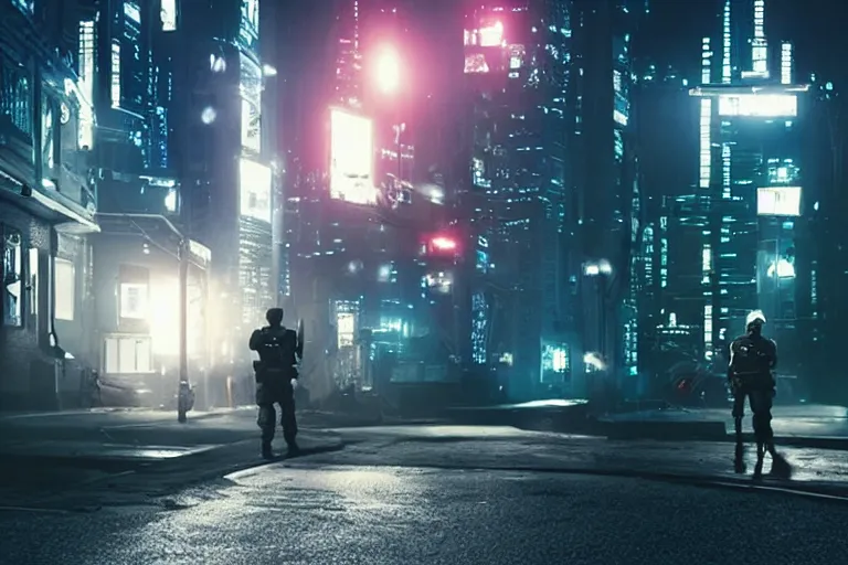 Image similar to cinematography ai robot rights standoff with police, sci-fi future city street at night. Emmanuel Lubezki