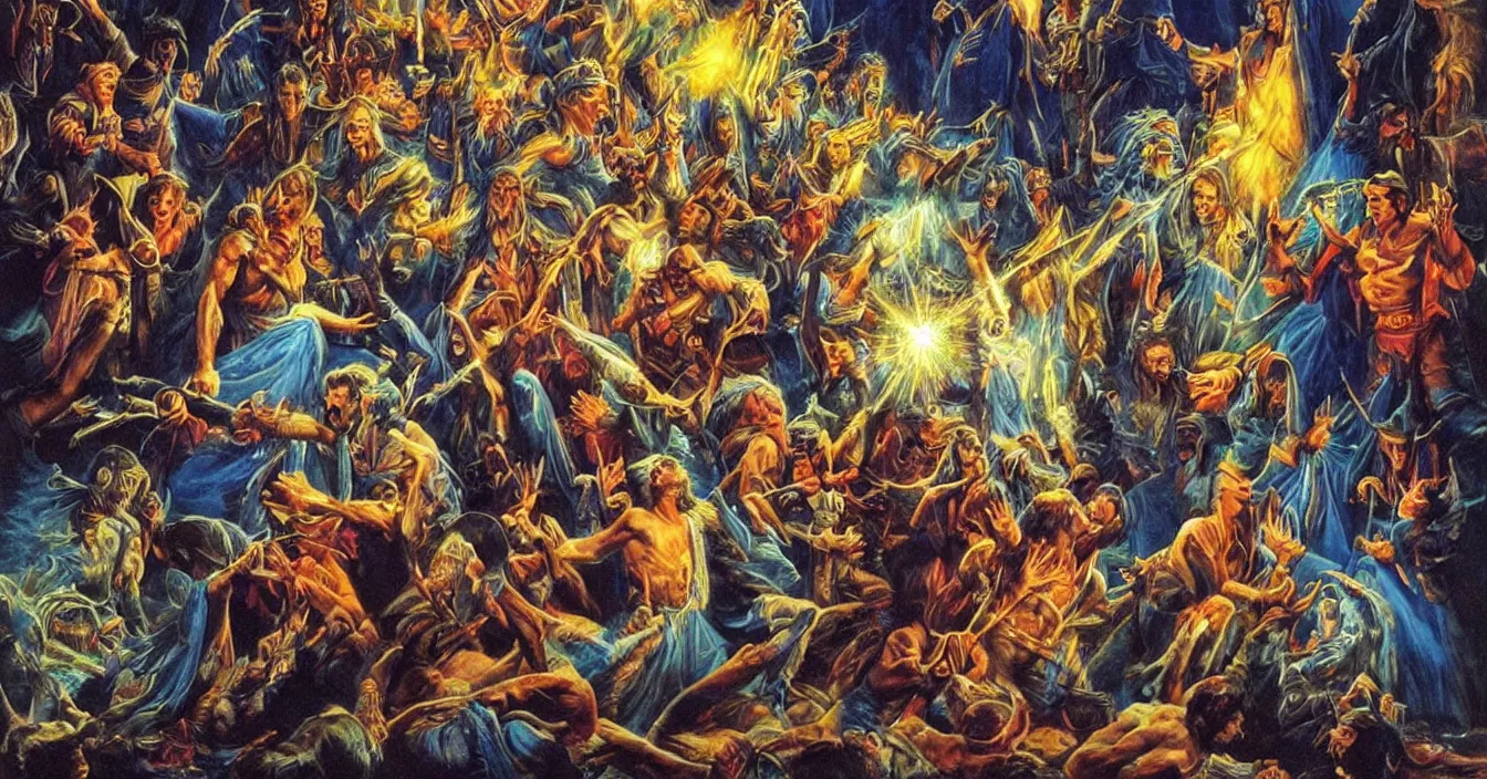 Prompt: human spirits sit in the cinema and watch very deeply the light of consciousness projecting their lives on the big wide screen, realistic image full of sense of spirituality, life meaning, meaining of physical reality, happy atmosphere, by Jeff Easley