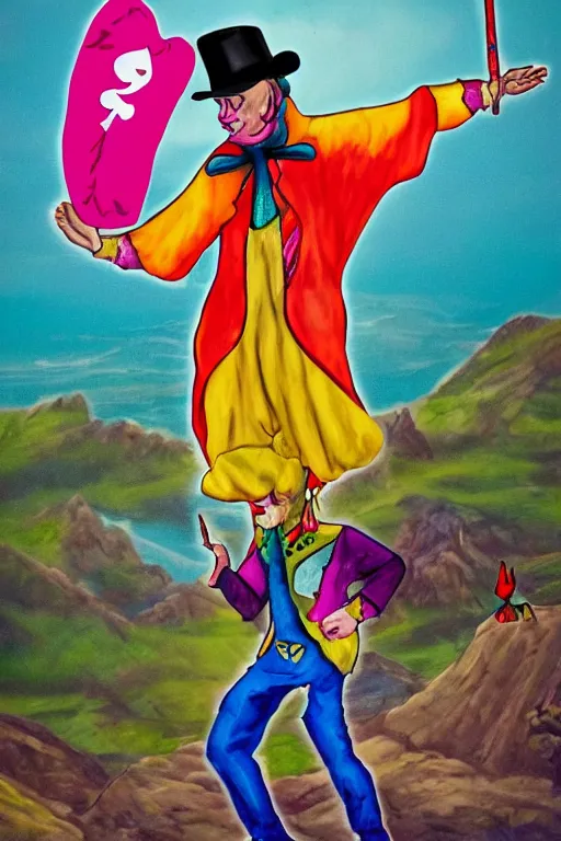 Prompt: Tarot fool wearing colorful clothes, wearing a hat like a clown, dancing, swaggering, standing on the edge of the cliff, right hand holding a symbol of power scepter, head laurel, left hand holding white roses, distant mountains, small white dog