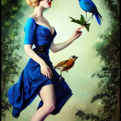 Image similar to pinup girl holding an indigo bunting, bird, the bird is wearing a bowtie, by greg rutkowski, rossdraws, gil elvgren, enoch bolles, anime, porcelain skin, very coherent