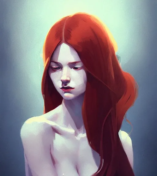Prompt: realistic female portrait with long red hair, by atey ghailan, by greg rutkowski, by greg tocchini, by james gilleard, by joe fenton, by kaethe butcher, dynamic lighting, gradient light blue, brown, blonde cream and white color scheme, grunge aesthetic