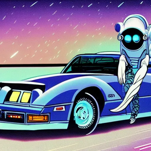 Image similar to a tardigrade driving a trans am, 1 9 8 3, miami, nighttime, synthwave, detailed,