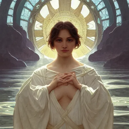 Image similar to portrait of a maiden on the river styx, top view, intricate, elegant, highly detailed, digital painting, artstation, concept art, smooth, sharp focus, illustration, art by artgerm and greg rutkowski and alphonse mucha and william - adolphe bouguereau