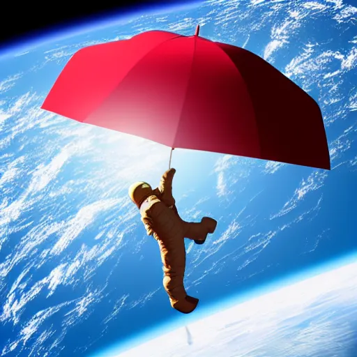 Prompt: astronaut gliding through space with an umbrella, high quality photorealistic, long shot from the back