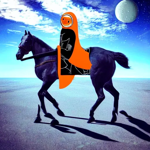 Image similar to “ a man in a horse suit riding a horse in space man suit ”