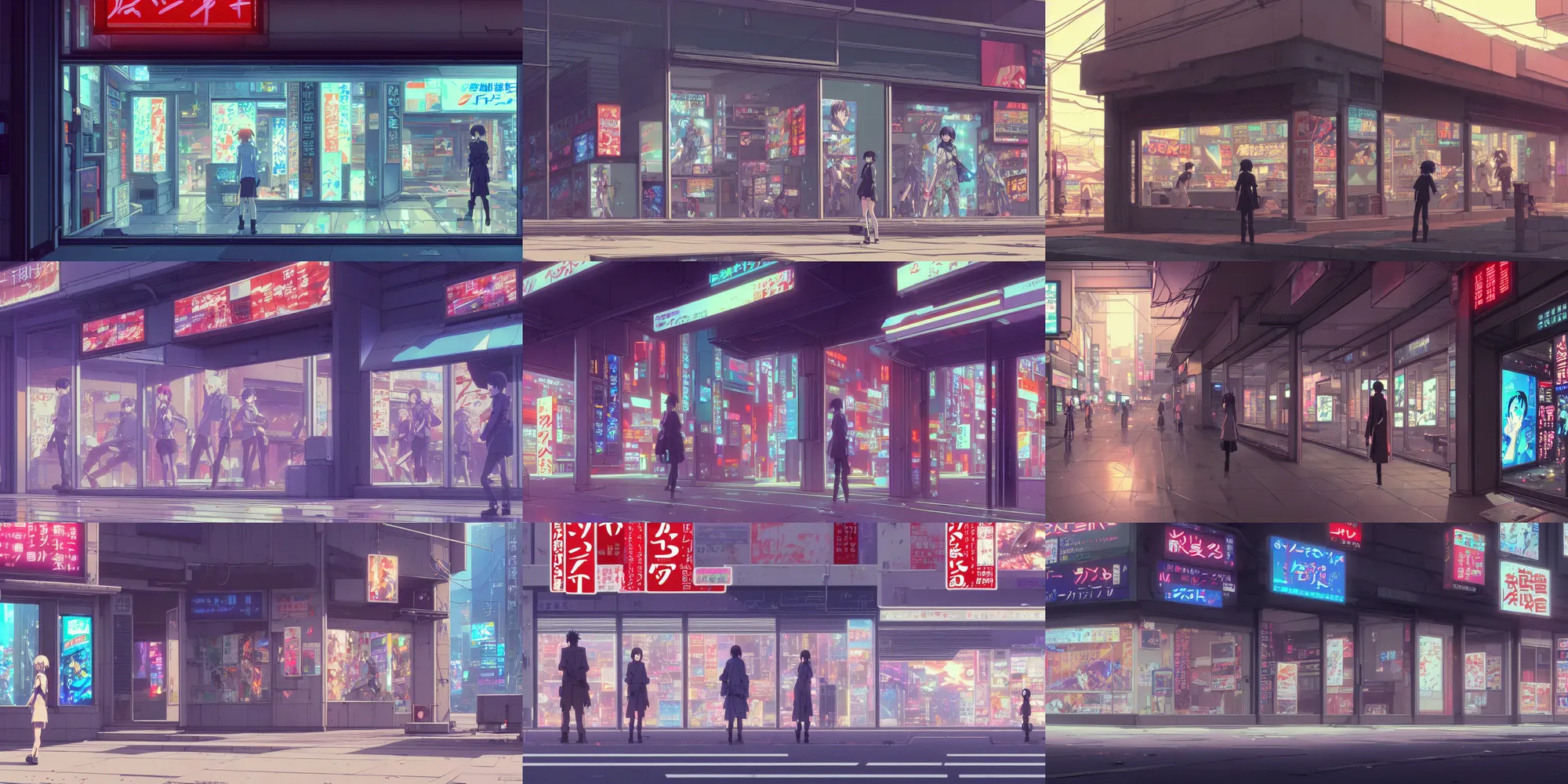 Prompt: a very close close close up front view of a ( ( ( cyberpunk ) ) ) quiet shopfront facade with ( ( advertisements ) ), in a high definition screenshot from the anime anime film, digital painting by ( makoto shinkai ), moebius moebius, surrealism, trending on artstation