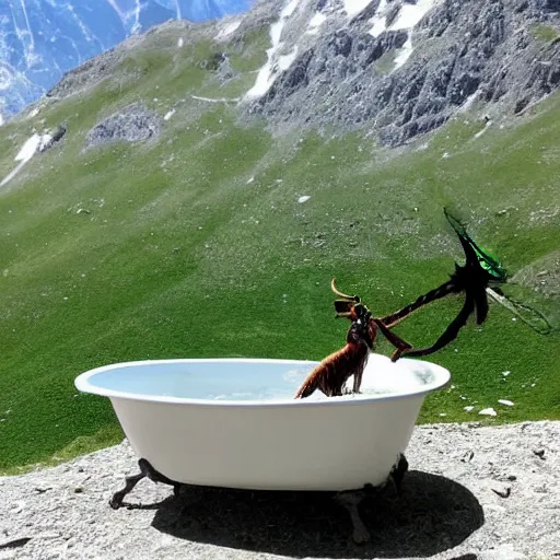 Prompt: dragonfly in a bathtub in the alps, big goat!!!!!!! goats!!!! in the background