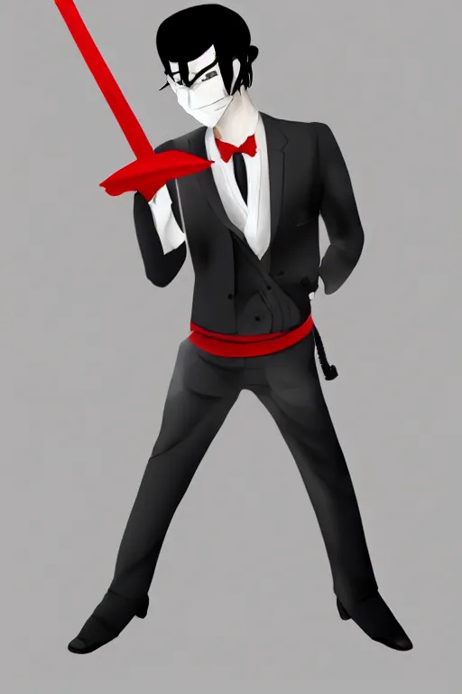 Image similar to man with black hair in a white suit and a red tie wielding a katana, concept art, 8 k, trending on deviant art.