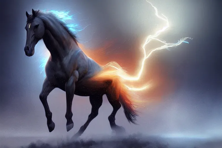 Prompt: a stunning digital painting of a horse made of lightning by greg rutkowski, volumetric light, digital art, fine detail, photorealistic