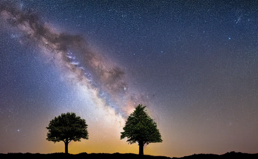 Image similar to night photography of the milky way with a tree in foreground, highly detailed, photorealistic