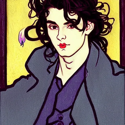 Image similar to painting of young cute handsome beautiful dark medium wavy hair man in his 2 0 s named shadow taehyung and cute handsome beautiful min - jun together at the halloween! party, bubbling cauldron!, candles!, smoke, autumn! colors, elegant, wearing suits!, delicate facial features, art by alphonse mucha, vincent van gogh, egon schiele