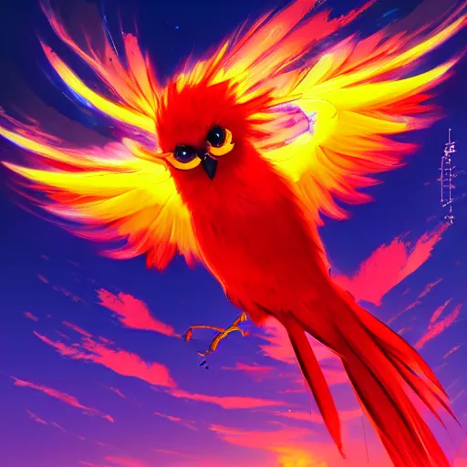 Image similar to anime painting frantic cute fiery bird zipping around, wanting to explore and investigate everything. it\'s curiosity is unbounded and insatiable, digital art, trending on artstation, stylized, colorful feathers, anime art by Kuvshinov Ilya, lariennechan, Aokamei