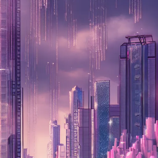 Prompt: glass pink town, cyberpunk, humanite, jewels and sky