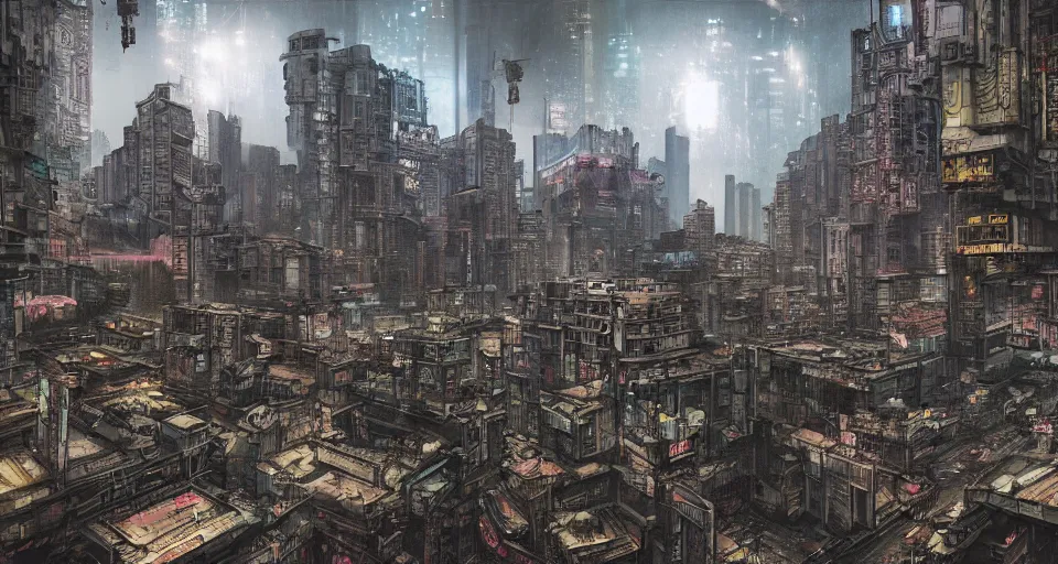 Prompt: Cyberpunk space colony, Kowloon walled city style, Digital art with cyberpunk tones