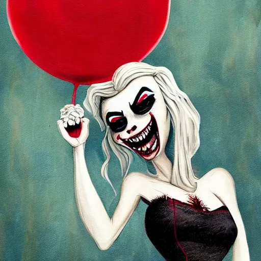 Image similar to grunge cartoon painting of margot robbie with a wide smile and a red balloon by chris leib, loony toons style, pennywise style, corpse bride style, horror theme, detailed, elegant, intricate