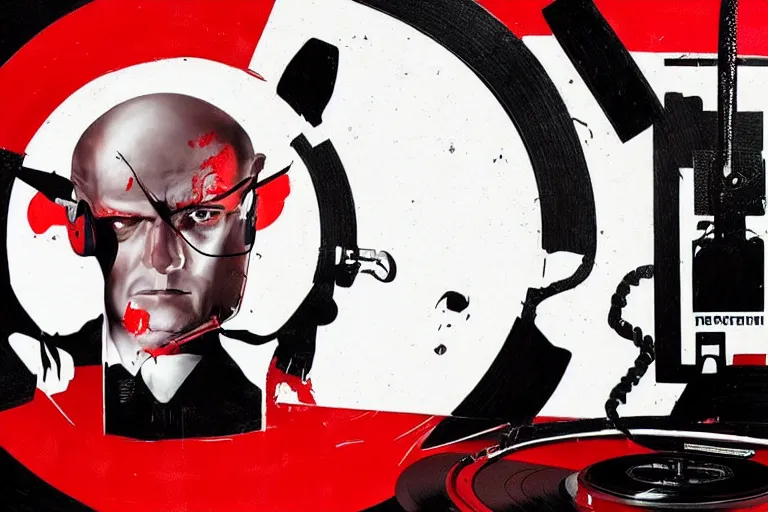 Image similar to an expressive portrait of agent 4 7 from hitman wearing headphones and putting a vinyl record onto a turntable, dark background, red rim light, digita, l