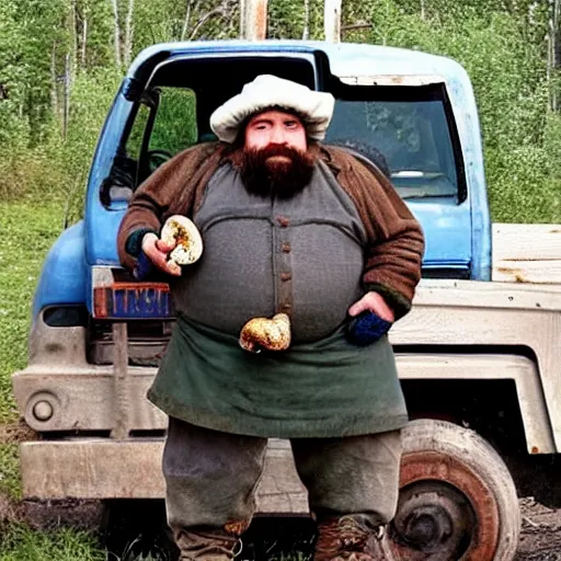 Prompt: dwarf trucker carries mushrooms on a Kamaz truck