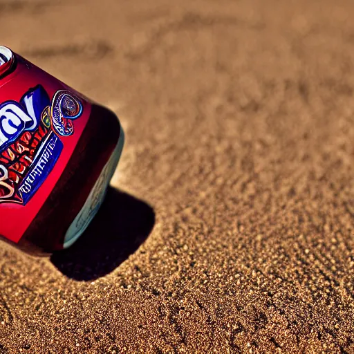 Image similar to can of soda sinking in the sand, photography, 2 4 mm lens, studio lighting,