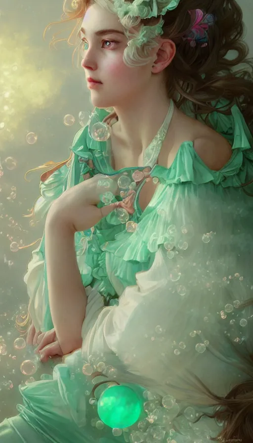 Prompt: portrait of magical lolita girl, dreamy and ethereal, mint green eyes, peaceful expression, ornate frilly dress, fantasy, intricate, elegant, rainbow bubbles, highly detailed, digital painting, artstation, concept art, smooth, sharp focus, illustration, art by artgerm and greg rutkowski and alphonse mucha