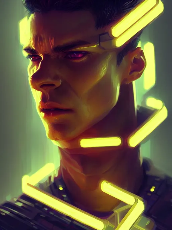 Image similar to portrait of male humanoid, intricate, masculine, cyber neon lights, highly detailed, digital photography, artstation, stylish pose, concept art, smooth, sharp focus, illustration, art by artgerm and greg rutkowski