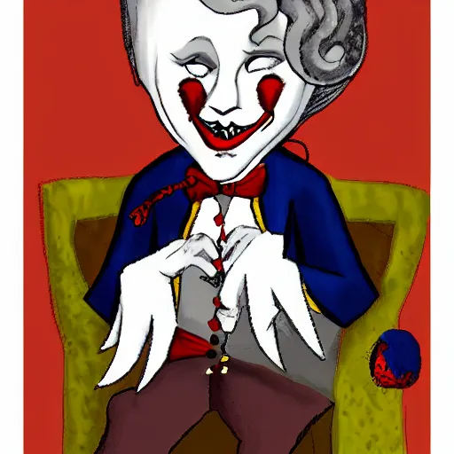 Image similar to a vampire sitting on a throne in his castle during the american revolution. he is surrounded by paintings and is wearing a bright clown emoji mask. character design by john and ai