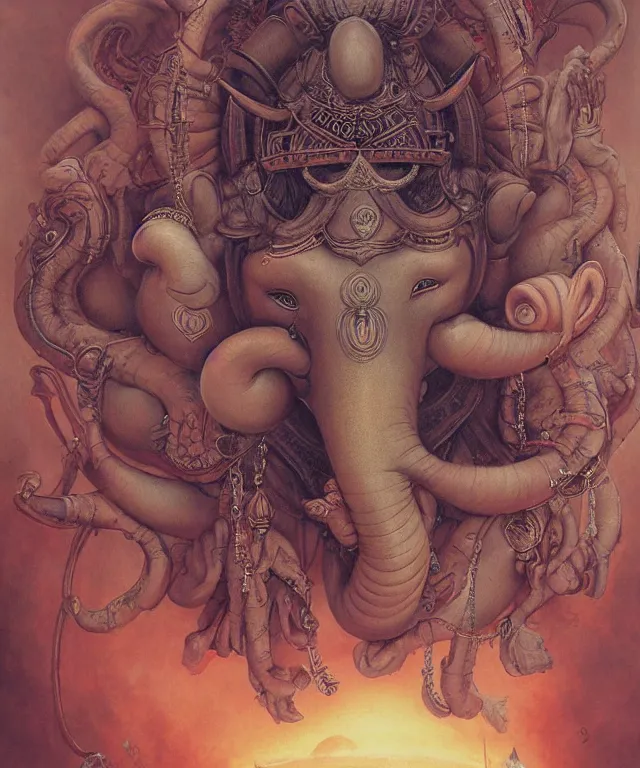 Image similar to ganesha in the style of peter mohrbacher, wayne barlowe, gustav moreau, bussiere, roberto ferri, santiago caruso, luis ricardo falero, austin osman spare,