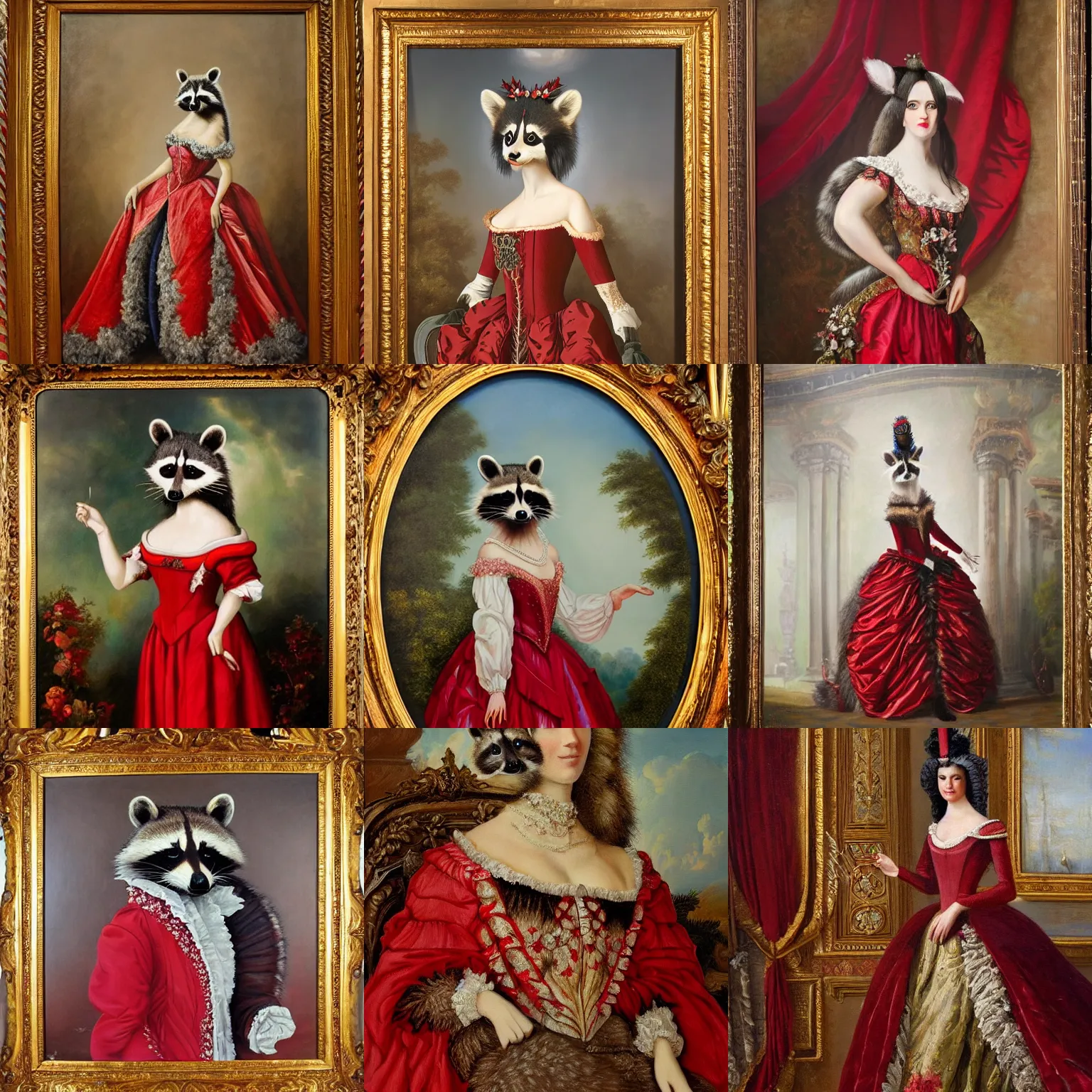 Prompt: A majestic oil painting of a raccoon Queen wearing red French royal gown. The painting is hanging on an ornate wall decorated with wallpaper