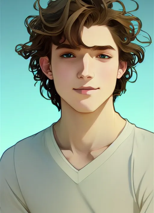 Image similar to young man with medium - length, curly, golden hair, perfectly proportioned face, aquamarine eyes, sweet smile, natural lighting, path traced, highly detailed, high quality, cartoon, digital painting, by new haicheng and studio ghibli and alphonse mucha