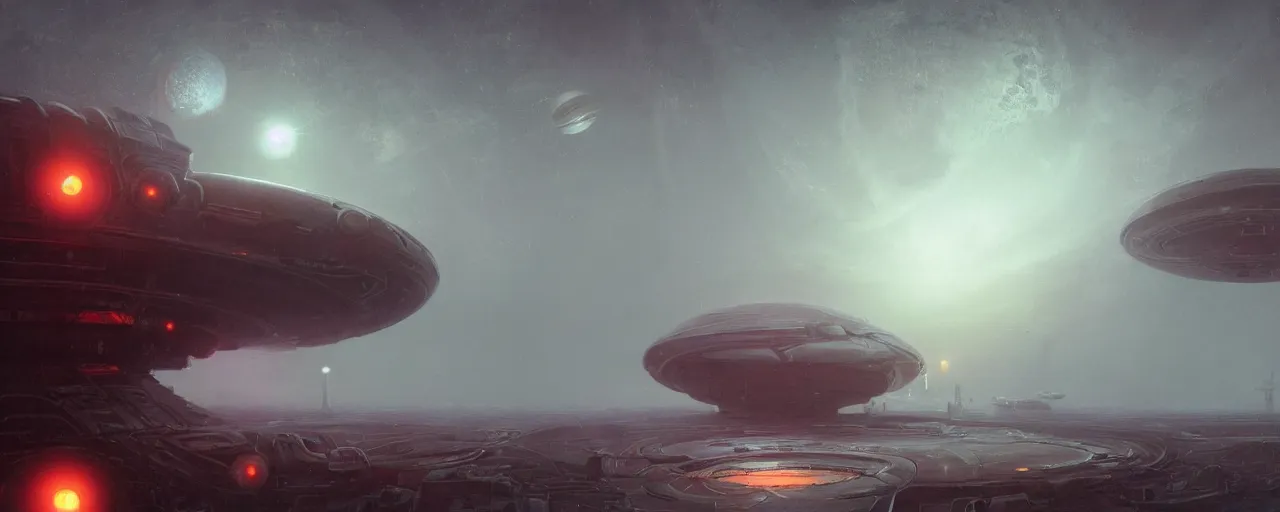 Image similar to ” outer planet with thick fog and distant spaceship dock, [ cinematic, detailed, epic, widescreen, opening, establishing, mattepainting, photorealistic, realistic textures, octane render, art by paul lehr ] ”