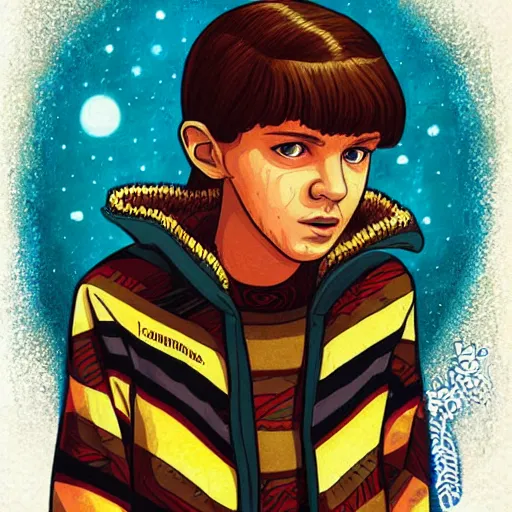 Prompt: portrait of eleven from stranger things by jeremiah ketner
