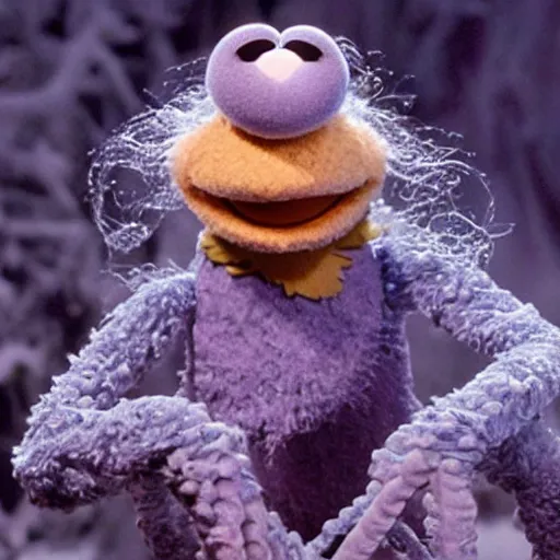 Image similar to an ethereal live action muppet with a squid like parasite latched onto its head and four long tentacle arms that flow lazily but gracefully at its sides like a cloak while it floats around a frozen rocky tundra in the snow searching for lost souls and that hides amongst the shadows in the trees, this is a real muppet by sesame street, photo realistic, real, realistic, felt, stopmotion, photography, sesame street