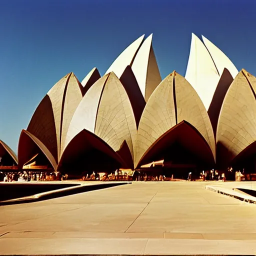 Prompt: futuristic lotus temple with gold, red and white marble panels, in strong sunshine in the desert, by buckminster fuller and syd mead, intricate contemporary architecture, photo journalism, photography, cinematic, national geographic photoshoot