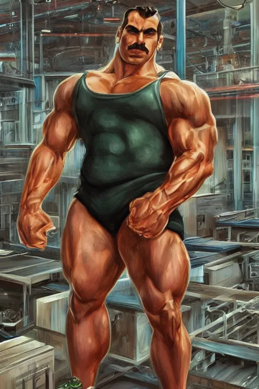 Image similar to gigachad luigi bodybuilder in the factory by ilya kuvshinov, ernest khalimov body by krista sudmalis, super mario bros symmetrical face concept art, hyper realistic, intricate, elegent, highly detailed, digital painting, concept art, smooth, sharp, focus, illustration, art by artgerm and greg rutkowski and alphonse mucha, artstation