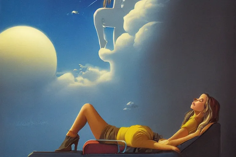 Prompt: a beautiful girl relaxing on a cloud by angus mckie, portrait,